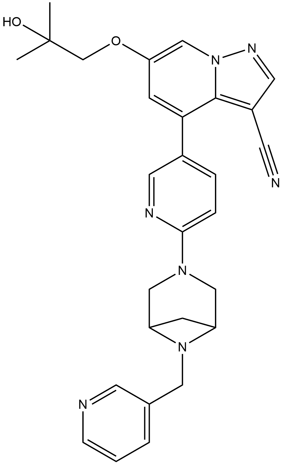 Pyrazolo[1,5-a]pyridine-3-carbonitrile, 6-(2-hydroxy-2-methylpropoxy)-4-[6-[6-(3-pyridinylmethyl)-3,6-diazabicyclo[3.1.1]hept-3-yl]-3-pyridinyl]- Struktur