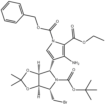 1H-Pyrrole-1,2-dicarboxylic acid, 3-amino-4-(3aS,4S,6S,6aR)-6-(bromomethyl)-5-(1,1-dimethylethoxy)carbonyltetrahydro-2,2-dimethyl-4H-1,3-dioxolo4,5-cpyrrol-4-yl-, 2-ethyl 1-(phenylmethyl) ester Struktur