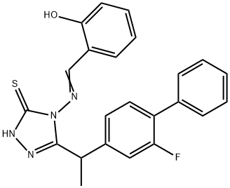 3H-1,2,4-Triazole-3-thione, 5-[1-(2-fluoro[1,1'-biphenyl]-4-yl)ethyl]-2,4-dihydro-4-[[(2-hydroxyphenyl)methylene]amino]- Struktur