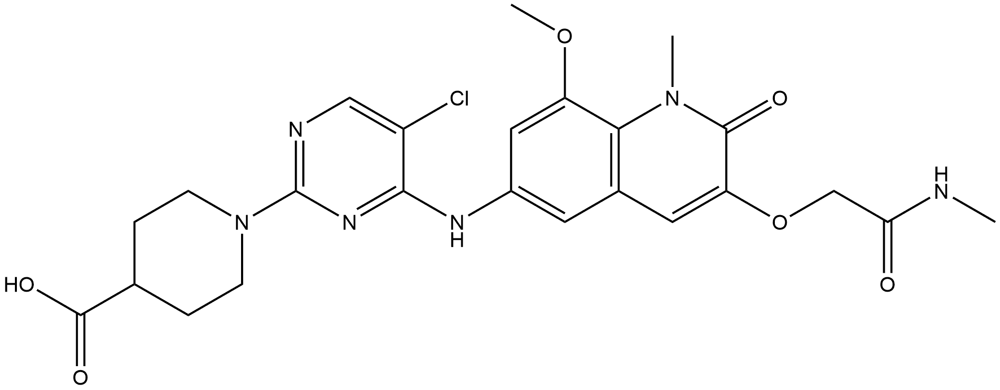 1-[5-Chloro-4-[[1,2-dihydro-8-methoxy-1-methyl-3-[2-(methylamino)-2-oxoethoxy]-2-oxo-6-quinolinyl]amino]-2-pyrimidinyl]-4-piperidinecarboxylic acid Struktur