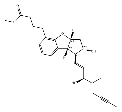 1H-Cyclopenta[b]benzofuran-5-butanoic acid, 2,3,3a,8b-tetrahydro-2-hydroxy-1-[(1E,3R)-3-hydroxy-4-methyl-1-octen-6-ynyl]-, methyl ester, (1S,2S,3aR,8bR)-rel- Struktur