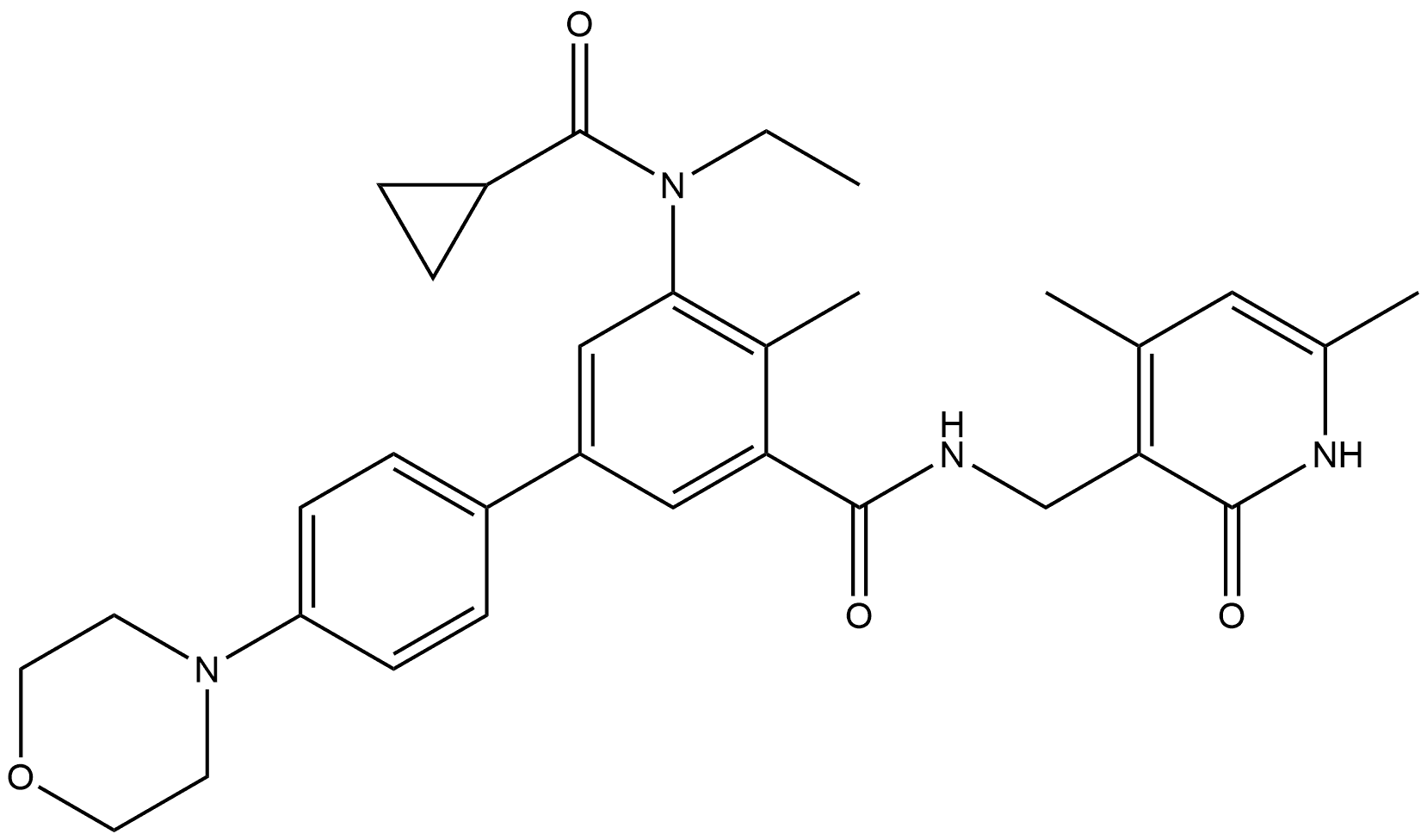 [1,1'-Biphenyl]-3-carboxamide, 5-[(cyclopropylcarbonyl)ethylamino]-N-[(1,2-dihydro-4,6-dimethyl-2-oxo-3-pyridinyl)methyl]-4-methyl-4'-(4-morpholinyl)- Struktur