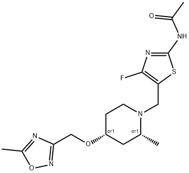 Acetamide, N-[4-fluoro-5-[[(2R,4R)-2-methyl-4-[(5-methyl-1,2,4-oxadiazol-3-yl)methoxy]-1-piperidinyl]methyl]-2-thiazolyl]-, rel- Structure