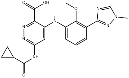 3-Pyridazinecarboxylic acid, 6-[(cyclopropylcarbonyl)amino]-4-[[2-methoxy-3-(1-methyl-1H-1,2,4-triazol-3-yl)phenyl]amino]- Struktur