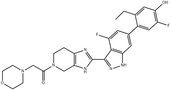 Ethanone, 1-[2-[6-(2-ethyl-5-fluoro-4-hydroxyphenyl)-4-fluoro-1H-indazol-3-yl]-3,4,6,7-tetrahydro-5H-imidazo[4,5-c]pyridin-5-yl]-2-(4-morpholinyl)- Struktur