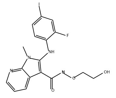 1H-Pyrrolo[2,3-b]pyridine-3-carboxamide, 2-[(2-fluoro-4-iodophenyl)amino]-N-(2-hydroxyethoxy)-1-methyl- Struktur