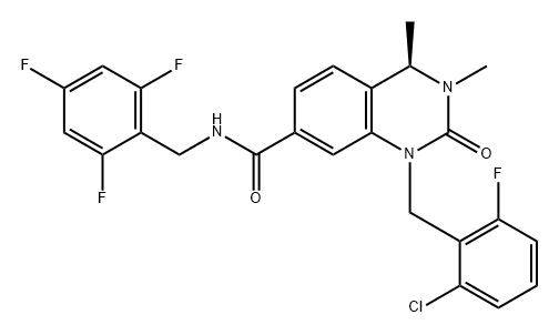 7-Quinazolinecarboxamide, 1-[(2-chloro-6-fluorophenyl)methyl]-1,2,3,4-tetrahydro-3,4-dimethyl-2-oxo-N-[(2,4,6-trifluorophenyl)methyl]-, (4R)- Structure