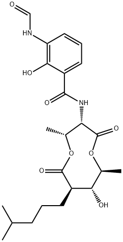 Benzamide, 3-(formylamino)-2-hydroxy-N-[(2R,3S,6S,7R,8R)-7-hydroxy-2,6-dimethyl-8-(4-methylpentyl)-4,9-dioxo-1,5-dioxonan-3-yl]- (9CI) Struktur