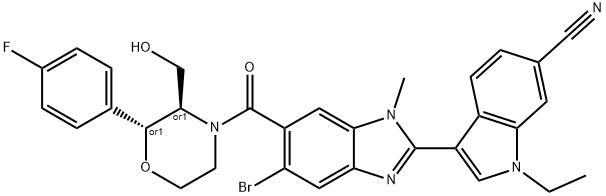 1H-Indole-6-carbonitrile, 3-[5-bromo-6-[[(2R,3R)-2-(4-fluorophenyl)-3-(hydroxymethyl)-4-morpholinyl]carbonyl]-1-methyl-1H-benzimidazol-2-yl]-1-ethyl-, rel- Struktur