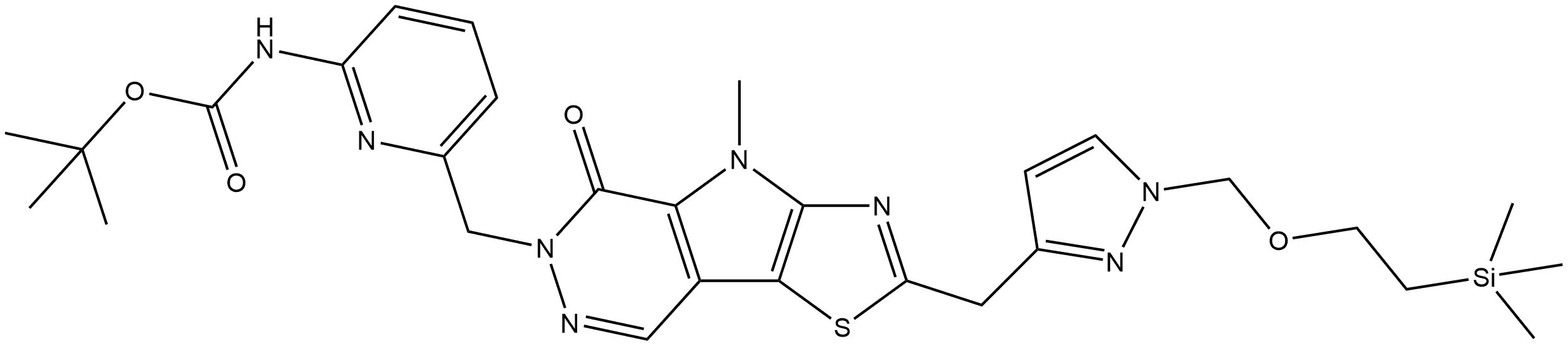 tert-butyl (6-((4-methyl-5-oxo-2-((1-((2-(trimethylsilyl)ethoxy)methyl)-1H-pyrazol-3-yl)methyl)-4,5-dihydro-6H-thiazolo[5',4':4,5]pyrrolo[2,3-d]pyridazin-6-yl)methyl)pyridin-2-yl)carbamate Struktur