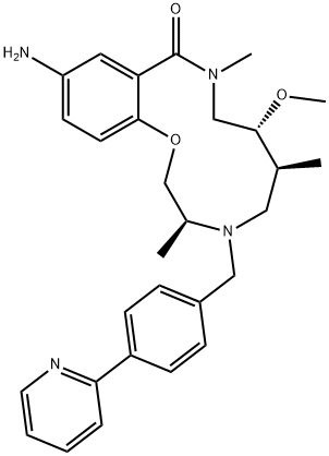 10H-1,4,9-Benzoxadiazacyclododecin-10-one, 12-amino-2,3,4,5,6,7,8,9-octahydro-7-methoxy-3,6,9-trimethyl-4-[[4-(2-pyridinyl)phenyl]methyl]-, (3S,6S,7R)- Struktur