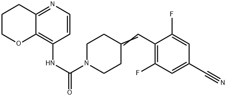 4-[(4-cyano-2,6-difluorophenyl)methylene]-N-(3,4-dihydro-2H-pyrano[3,2-b]pyridin-8-yl)piperidine-1-carboxamide Struktur