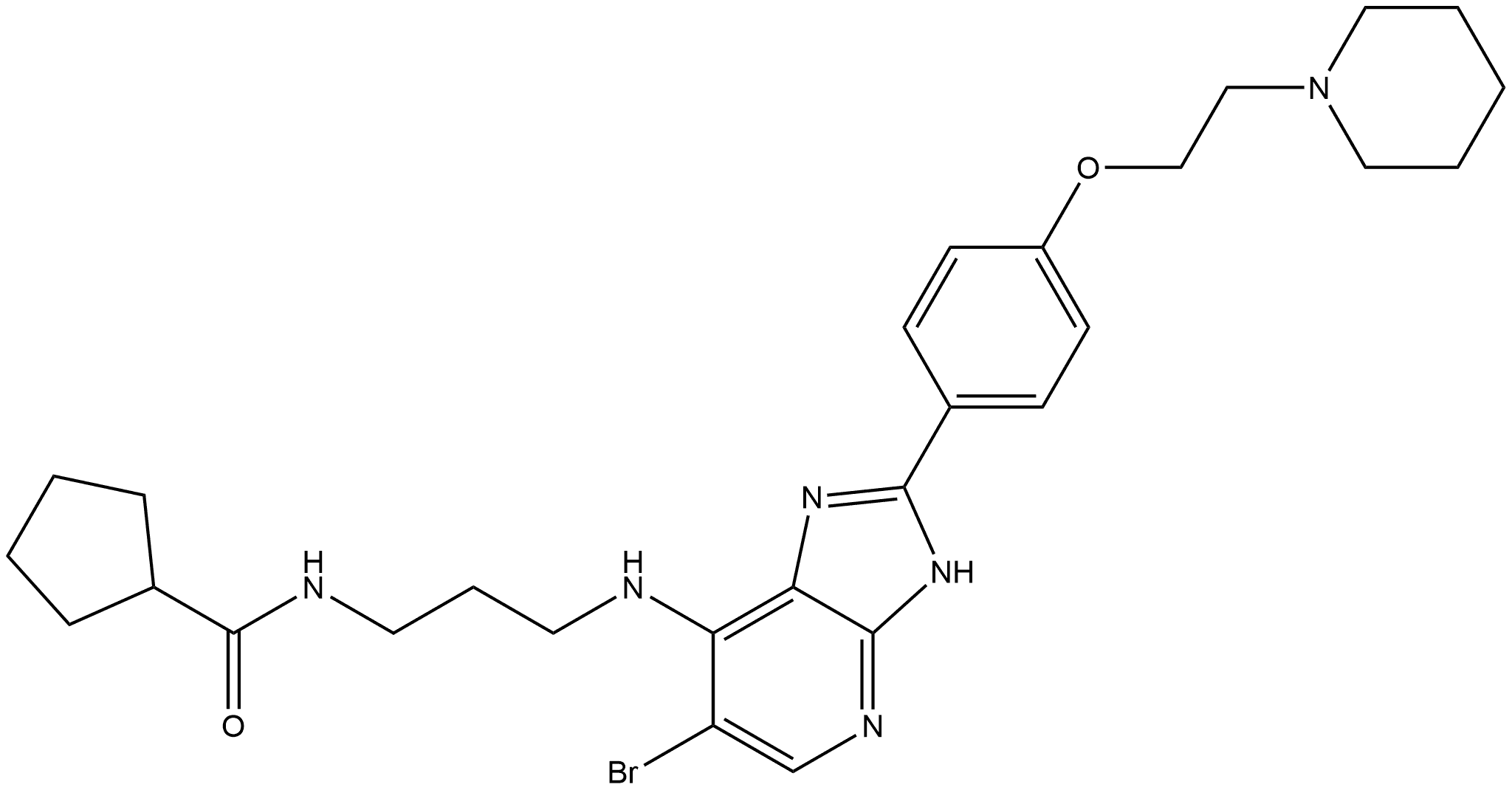 N-[3-[[6-Bromo-2-[4-[2-(1-piperidinyl)ethoxy]phenyl]-3H-imidazo[4,5-b]pyridin-7-yl]amino]propyl]cyclopentanecarboxamide Struktur