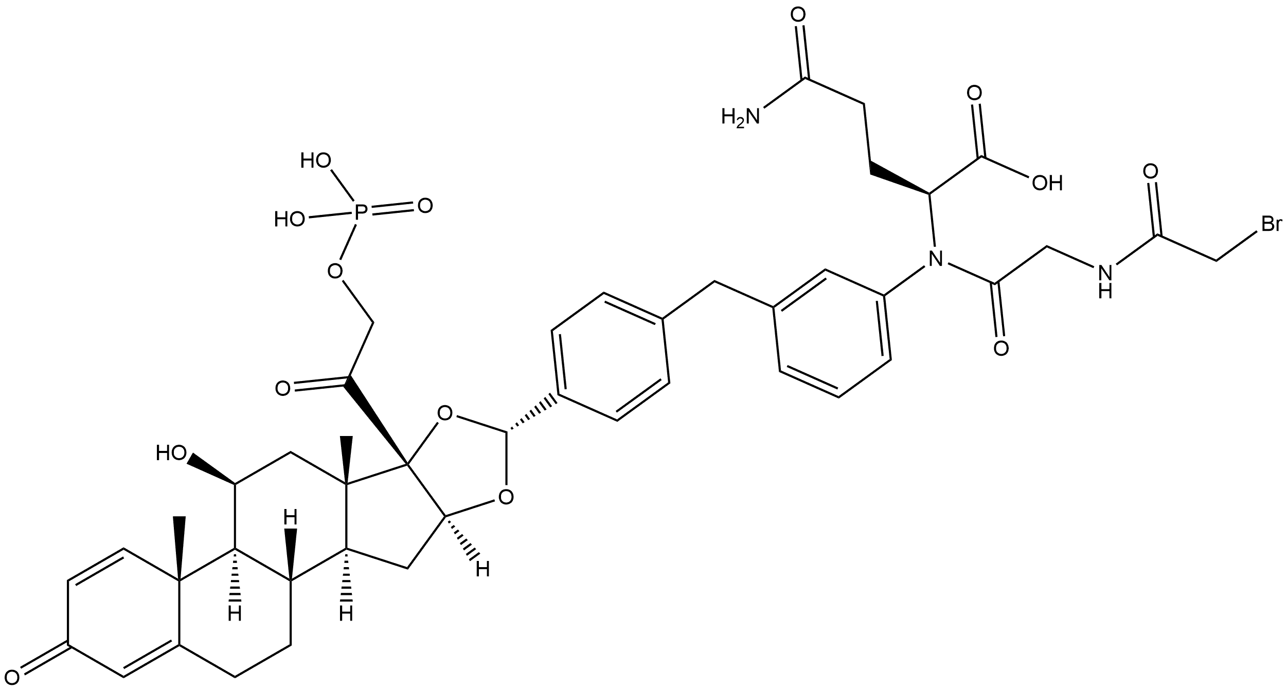 L-α-Glutamine, N-(2-bromoacetyl)glycyl-N-[3-[[4-[(R)-[[(11β,16α)-11-hydroxy-3,20-dioxo-21-(phosphonooxy)pregna-1,4-diene-16,17-diyl]bis(oxy)]methyl]phenyl]methyl]phenyl]- Struktur