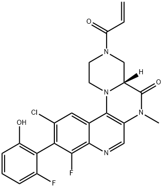 1H-Pyrazino[1',2':4,5]pyrazino[2,3-c]quinolin-5(6H)-one, 11-chloro-9-fluoro-10-(2-fluoro-6-hydroxyphenyl)-2,3,4,4a-tetrahydro-6-methyl-3-(1-oxo-2-propen-1-yl)-, (4aR)- Struktur