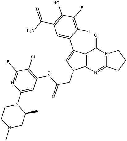 1H-Dipyrrolo[1,2-a:2',3'-d]pyrimidine-1-acetamide, 3-[5-(aminocarbonyl)-2,3-difluoro-4-hydroxyphenyl]-N-[3-chloro-6-[(2S)-2,4-dimethyl-1-piperazinyl]-2-fluoro-4-pyridinyl]-4,6,7,8-tetrahydro-4-oxo- Struktur