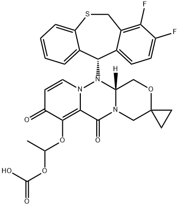 Carbonic acid, [[(12'aR)-12'-[(11S)-7,8-difluoro-6,11-dihydrodibenzo[b,e]thiepin-11-yl]-6',8',12',12'a-tetrahydro-6',8'-dioxospiro[cyclopropane-1,3'(4'H)-[1H][1,4]oxazino[3,4-c]pyrido[2,1-f][1,2,4]triazin]-7'-yl]oxy]methyl methyl ester Struktur