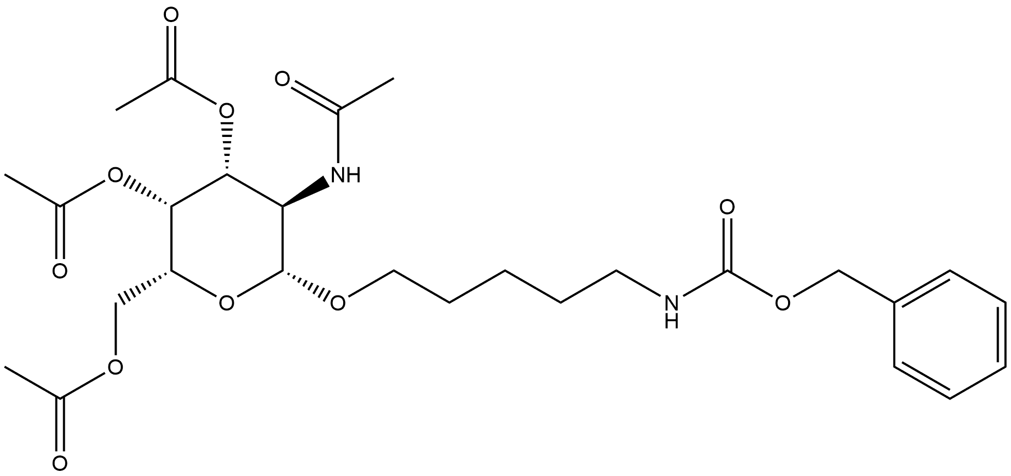 Carbamic acid, N-[5-[[3,4,6-tri-O-acetyl-2-(acetylamino)-2-deoxy-β-D-galactopyranosyl]oxy]pentyl]-, phenylmethyl ester Struktur