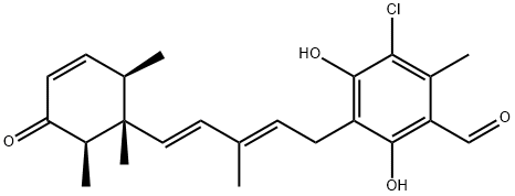 Benzaldehyde, 3-chloro-4,6-dihydroxy-2-methyl-5-[(2E,4E)-3-methyl-5-[(1S,2R,6R)-1,2,6-trimethyl-5-oxo-3-cyclohexen-1-yl]-2,4-pentadien-1-yl]- Struktur