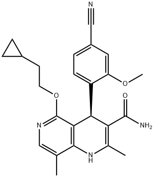 1,6-Naphthyridine-3-carboxamide, 4-(4-cyano-2-methoxyphenyl)-5-(2-cyclopropylethoxy)-1,4-dihydro-2,8-dimethyl-, (4R)- Struktur