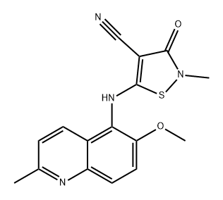 4-Isothiazolecarbonitrile, 2,3-dihydro-5-[(6-methoxy-2-methyl-5-quinolinyl)amino]-2-methyl-3-oxo- Struktur