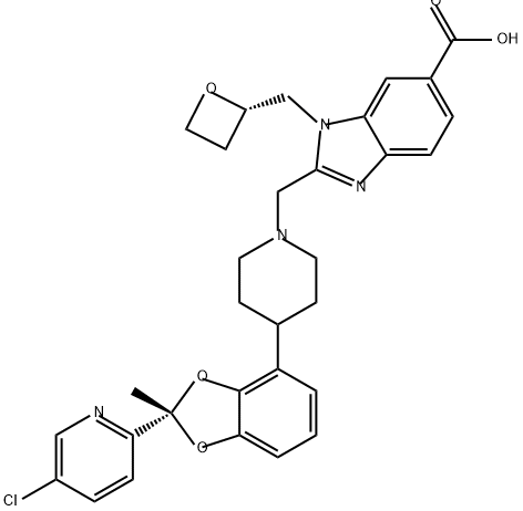 1H-Benzimidazole-6-carboxylic acid, 2-[[4-[(2S)-2-(5-chloro-2-pyridinyl)-2-methyl-1,3-benzodioxol-4-yl]-1-piperidinyl]methyl]-1-[(2S)-2-oxetanylmethyl]- Struktur