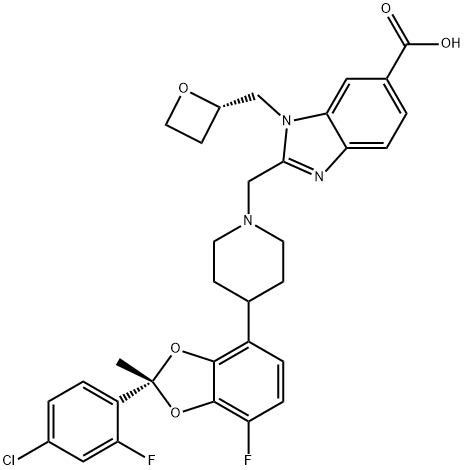 1H-Benzimidazole-6-carboxylic acid, 2-[[4-[(2R)-2-(4-chloro-2-fluorophenyl)-7-fluoro-2-methyl-1,3-benzodioxol-4-yl]-1-piperidinyl]methyl]-1-[(2S)-2-oxetanylmethyl]- Struktur