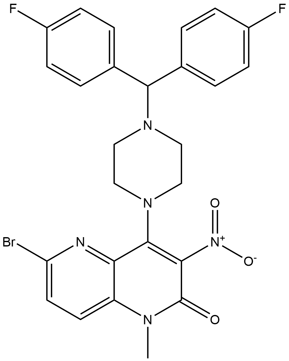 4-[4-[Bis(4-fluorophenyl)methyl]-1-piperazinyl]-6-bromo-1-methyl-3-nitro-1,5-naphthyridin-2(1H)-one Struktur