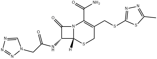 5-Thia-1-azabicyclo[4.2.0]oct-2-ene-2-carboxamide, 3-[[(5-methyl-1,3,4-thiadiazol-2-yl)thio]methyl]-8-oxo-7-[[2-(1H-tetrazol-1-yl)acetyl]amino]-, (6R,7R)- Struktur