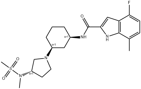 1H-Indole-2-carboxamide, 4-fluoro-7-methyl-N-[(1R,3S)-3-[(3S)-3-[methyl(methylsulfonyl)amino]-1-pyrrolidinyl]cyclohexyl]-, rel- Struktur