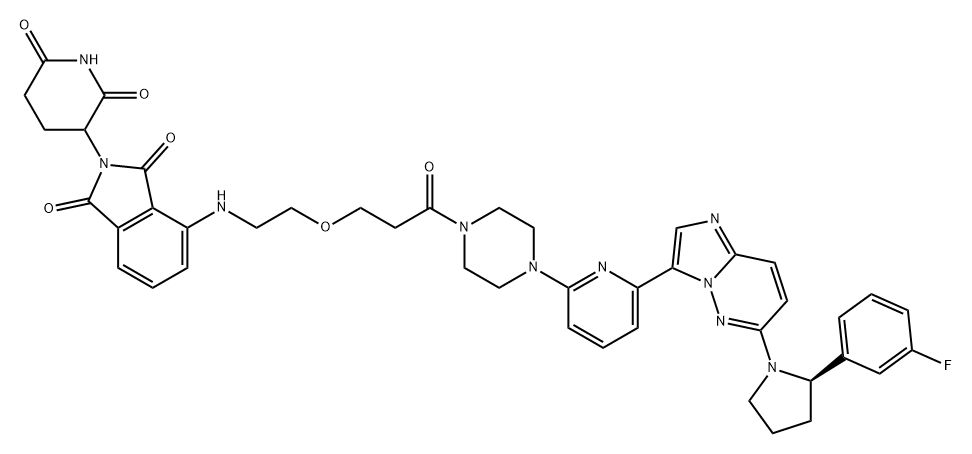 1H-Isoindole-1,3(2H)-dione, 2-(2,6-dioxo-3-piperidinyl)-4-[[2-[3-[4-[6-[6-[(2R)-2-(3-fluorophenyl)-1-pyrrolidinyl]imidazo[1,2-b]pyridazin-3-yl]-2-pyridinyl]-1-piperazinyl]-3-oxopropoxy]ethyl]amino]- Struktur