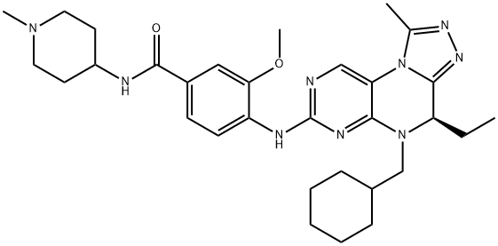 Benzamide, 4-[[(4R)-5-(cyclohexylmethyl)-4-ethyl-4,5-dihydro-1-methyl[1,2,4]triazolo[4,3-f]pteridin-7-yl]amino]-3-methoxy-N-(1-methyl-4-piperidinyl)- Struktur