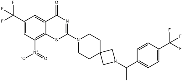 4H-1,3-Benzothiazin-4-one, 8-nitro-6-(trifluoromethyl)-2-[2-[1-[4-(trifluoromethyl)phenyl]ethyl]-2,7-diazaspiro[3.5]non-7-yl]- Struktur