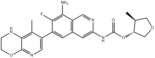 (3R,4S)-Tetrahydro-4-methyl-3-furanyl N-[8-amino-6-(2,3-dihydro-8-methyl-1H-pyrido[2,3-b][1,4]oxazin-7-yl)-7-fluoro-3-isoquinolinyl]carbamate Struktur