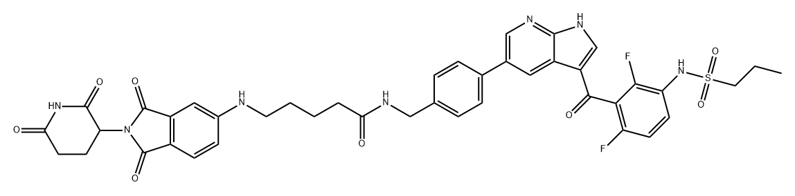 Pentanamide, N-[[4-[3-[2,6-difluoro-3-[(propylsulfonyl)amino]benzoyl]-1H-pyrrolo[2,3-b]pyridin-5-yl]phenyl]methyl]-5-[[2-(2,6-dioxo-3-piperidinyl)-2,3-dihydro-1,3-dioxo-1H-isoindol-5-yl]amino]- Struktur