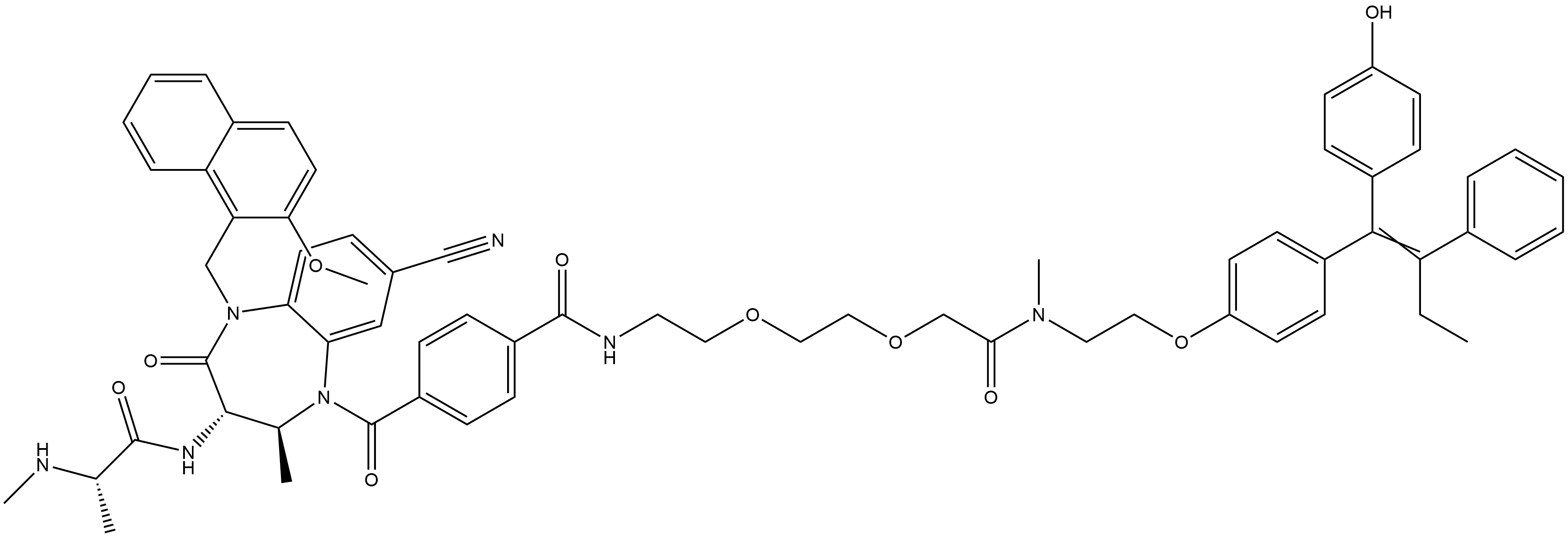 Benzamide, 4-[[(2S,3S)-8-cyano-2,3,4,5-tetrahydro-5-[(2-methoxy-1-naphthalenyl)methyl]-2-methyl-3-[[(2S)-2-(methylamino)-1-oxopropyl]amino]-4-oxo-1H-1,5-benzodiazepin-1-yl]carbonyl]-N-[2-[2-[2-[[2-[4-[1-(4-hydroxyphenyl)-2-phenyl-1-buten-1-yl]phenoxy]ethyl]methylamino]-2-oxoethoxy]ethoxy]ethyl]- Struktur