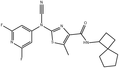 4-Thiazolecarboxamide, 2-[cyano(2,6-difluoro-4-pyridinyl)amino]-5-methyl-N-spiro[3.4]oct-1-yl- Struktur