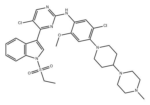 2-Pyrimidinamine, 5-chloro-N-[5-chloro-2-methoxy-4-[4-(4-methyl-1-piperazinyl)-1-piperidinyl]phenyl]-4-[1-(ethylsulfonyl)-1H-indol-3-yl]- Struktur