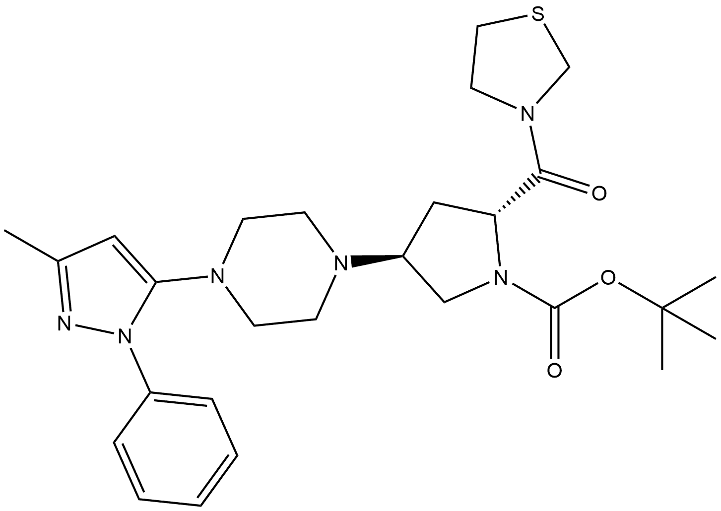 rel-1,1-Dimethylethyl (2R,4S)-4-[4-(3-methyl-1-phenyl-1H-pyrazol-5-yl)-1-piperazinyl]-2-(3-thiazolidinylcarbonyl)-1-pyrrolidinecarboxylate Struktur