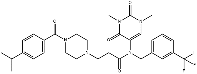 1-Piperazinepropanamide, 4-[4-(1-methylethyl)benzoyl]-N-(1,2,3,4-tetrahydro-1,3-dimethyl-2,4-dioxo-5-pyrimidinyl)-N-[[3-(trifluoromethyl)phenyl]methyl]- Struktur