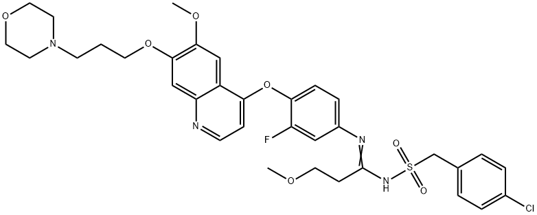 Propanimidamide, N-[[(4-chlorophenyl)methyl]sulfonyl]-N'-[3-fluoro-4-[[6-methoxy-7-[3-(4-morpholinyl)propoxy]-4-quinolinyl]oxy]phenyl]-3-methoxy- Struktur