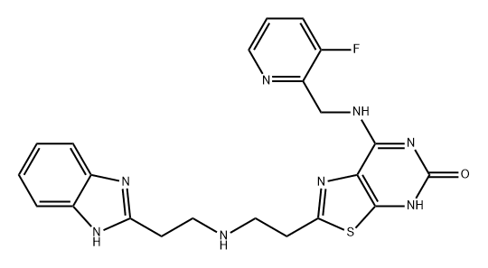 Thiazolo[5,4-d]pyrimidin-5(4H)-one, 2-[2-[[2-(1H-benzimidazol-2-yl)ethyl]amino]ethyl]-7-[[(3-fluoro-2-pyridinyl)methyl]amino]- Struktur