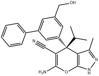 Pyrano[2,3-c]pyrazole-5-carbonitrile, 6-amino-1,4-dihydro-4-[5-(hydroxymethyl)[1,1'-biphenyl]-3-yl]-3-methyl-4-(1-methylethyl)-, (4R)- Struktur