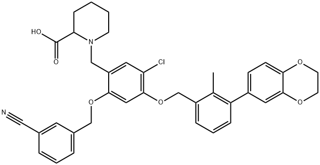 2-Piperidinecarboxylic acid, 1-[[5-chloro-2-[(3-cyanophenyl)methoxy]-4-[[3-(2,3-dihydro-1,4-benzodioxin-6-yl)-2-methylphenyl]methoxy]phenyl]methyl]- Struktur