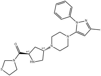 Methanone, [(2R,4S)-4-[4-(3-methyl-1-phenyl-1H-pyrazol-5-yl)-1-piperazinyl]-2-pyrrolidinyl]-3-thiazolidinyl-, rel- Struktur