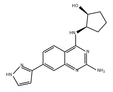 Cyclopentanol, 2-[[2-amino-7-(1H-pyrazol-3-yl)-4-quinazolinyl]amino]-, (1S,2R)- Struktur