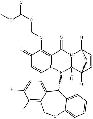 Carbonic acid, [[(6aR,7S,10R)-6-[(11S)-7,8-difluoro-6,11-dihydrodibenzo[b,e]thiepin-11-yl]-2,6,6a,7,10,12-hexahydro-2,12-dioxo-7,10-methanodipyrido[2,1-c:2',1'-f][1,2,4]triazin-1-yl]oxy]methyl methyl ester Struktur