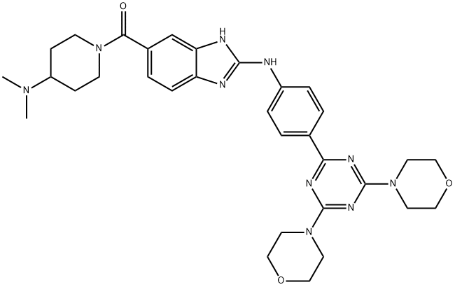 Methanone, [4-(dimethylamino)-1-piperidinyl][2-[[4-(4,6-di-4-morpholinyl-1,3,5-triazin-2-yl)phenyl]amino]-1H-benzimidazol-6-yl]- Struktur