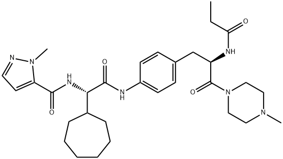 1H-Pyrazole-5-carboxamide, N-[(1S)-1-cycloheptyl-2-[[4-[(2R)-3-(4-methyl-1-piperazinyl)-3-oxo-2-[(1-oxopropyl)amino]propyl]phenyl]amino]-2-oxoethyl]-1-methyl- Struktur