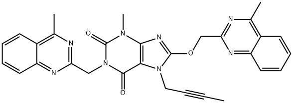 1H-Purine-2,6-dione, 7-(2-butyn-1-yl)-3,7-dihydro-3-methyl-8-[(4-methyl-2-quinazolinyl)methoxy]-1-[(4-methyl-2-quinazolinyl)methyl]- Struktur